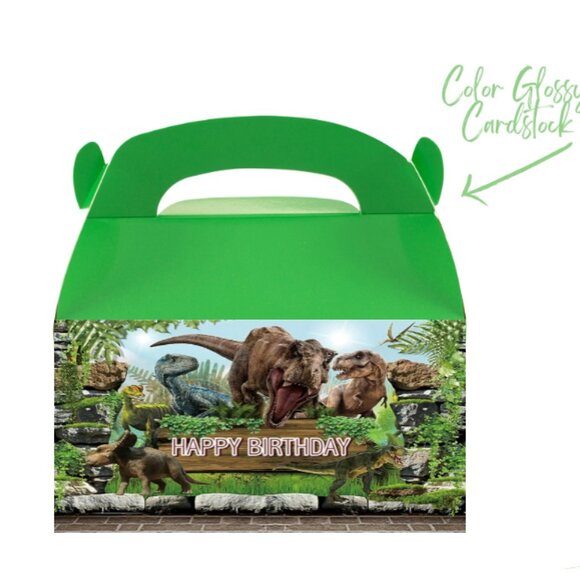 Dinosaur Theme Birthday Party Favor Boxes, Green Glossy Cardstock Treat Boxes - Picture 2 of 4